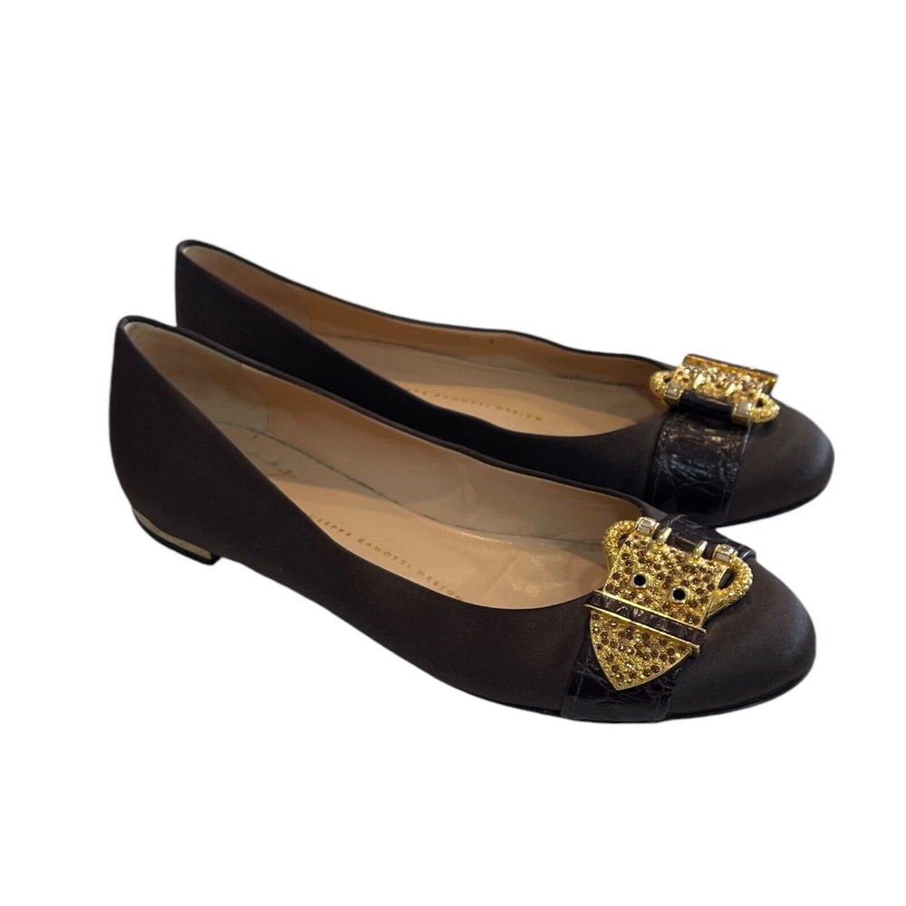 Giuseppe‎ Zanotti Brown Satin Flats With Crystal Embellished Buckle Detail 7.5